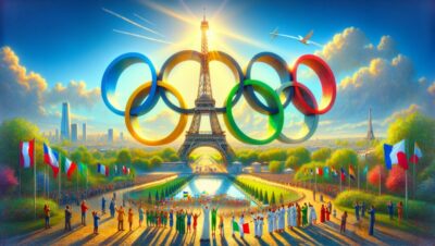 imagen del logo de las olimpiadas con la torre eiffel al fondo
