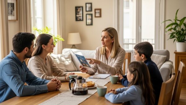 Trabajadora social explicando a una familia con hijos con discapacidad la reforma de las leyes de dependencia y discapacidad en 2025